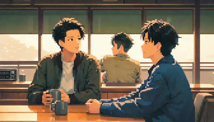 Lo-Fi、Chill、It only depicts two men with different hairstyles.、The two men are depicted in their entirety, sitting facing each other and talking.、Radio program