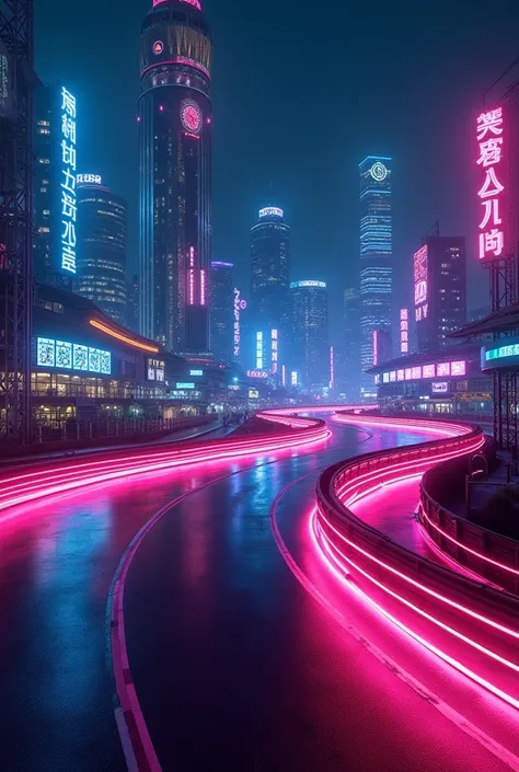 Beautiful background of night race track and neon lights 