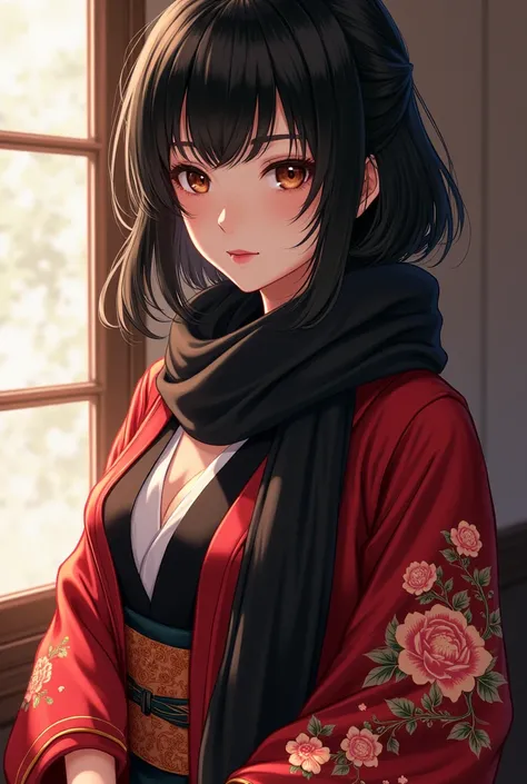 name: Hana Age:17 Sex:female hair: Black height:1.57 Weight:60kg Chest: Big Breasts Clothes: She always wears a black scarf that her mother made, and wears red haoris with flower details