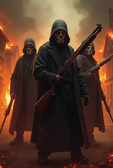 4 person facing the camera whit a mask handing a shootgun in a town full of fire