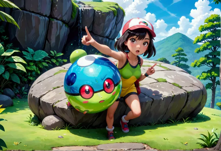 A cute young female Pokemon trainer, late 20s, wearing a colorful and stylish outfit with a cap, holding a Pokeball in her hand, pointing excitedly at an enormous Onyx Pokemon casually crawling on a large boulder, in a daytime outdoor scene with lush green...