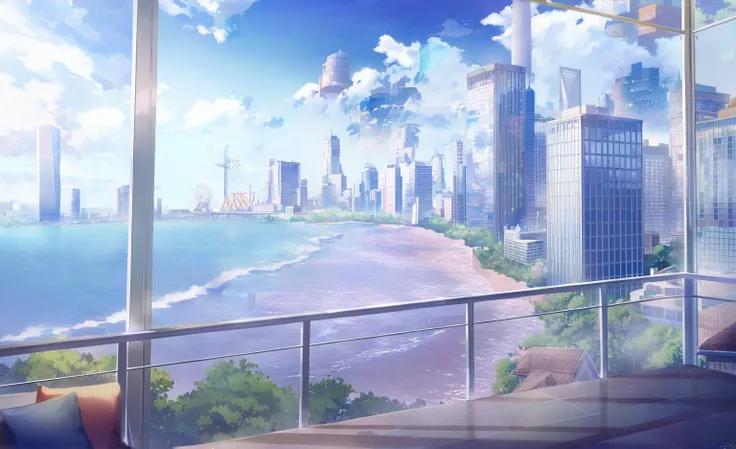 There is a photo of the city view on the balcony, Anime Background art, HD anime city landscape, Anime Landscape, Beautiful city view, Anime Landscape concept art, beautiful Anime Landscape, Anime Background, Shinkai Makoto style, Anime style cityscape, In...