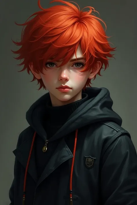 Boy in age with black clothes red hair 