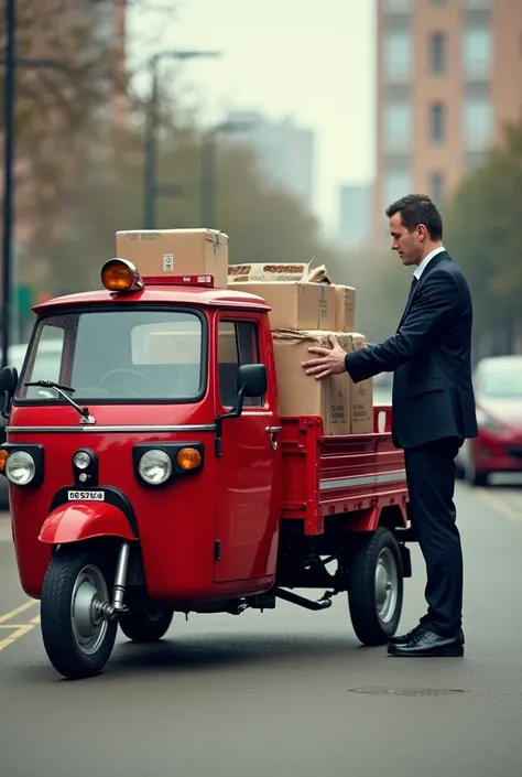 a person, who drives a good quality red bicycle-type tricycle that is used to carry many products, with a suit that symbolizes that he is going to rescue someone standing next to the tricycle that has a van-type box where he loads the products 