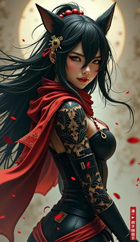 1girl, Long Hair, Breasts, Black Hair, Hair Ornament, Wolf Ears, Ukiyo-e, Masterpiece, Action Painting, 3D Rendering, Cinematic, Gothic Art, Cinematic Lighting, Textured Skin, Award Winning,  isekai and a red scarf and armor Japan jrpg outfit character des...