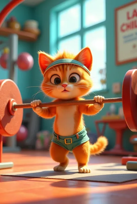 Orange kitten at the gym training, Pixar animation magic 