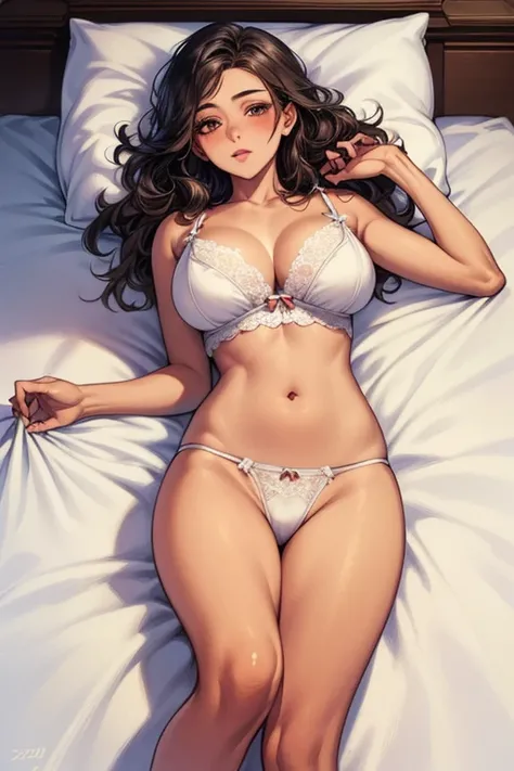 ((Best Quality)), ((masterpiece)), (detailed),(4k) 1 girl, (White Babydoll Lingerie),(brown skin), (tanned), (by blacks),(Brown eyes), ((wavy fur)), (big breasts), (wide hips), (20 years old),(lying in bed),((Whole body)),((looking at the spectator))