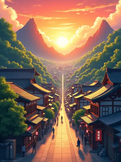 /imagine View of a beautiful and stunning morning sunset city from the street, anime japanese City and streets view, trees, image capture from the mountain, anime style, anime art only, japnese house, village environment