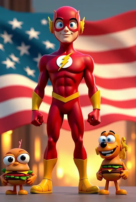 The Flash in 3D cartoon with his little friends, hamburger and fries. American propaganda poster., 