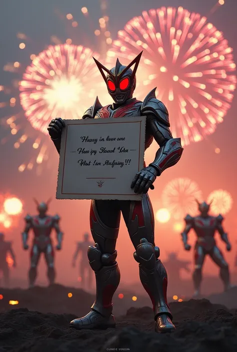 (photorealism:1.2), Kamen Rider standing, holding a large sheet of paper with the words OTANJYOUBI, OMEDETOU GOZAIMASU. In the background, theres an intense battle scene between other Kamen Riders with fireworks exploding, lighting up the battlefield. phot...