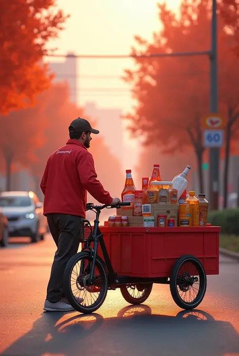 a person, who drives a bicycle-type tricycle to help the environment, Good quality red color used to carry many products, with an outfit that symbolizes that he is going to rescue someone standing next to the tricycle that has a van-type box where he loads...