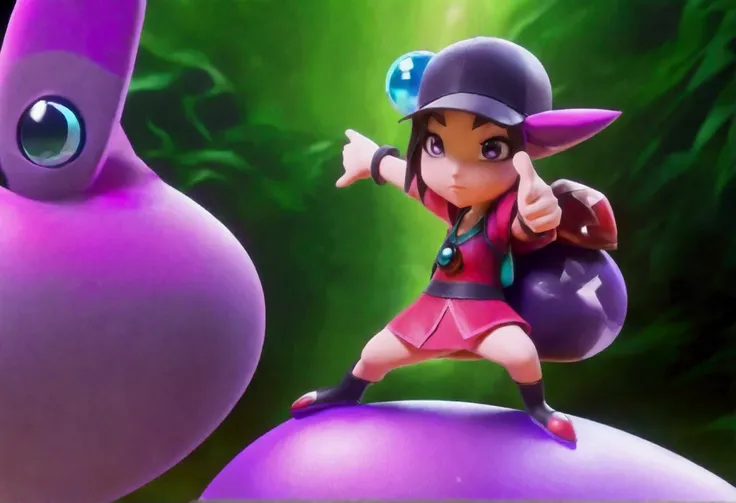 A cute young female Pokemon trainer, late 20s, wearing a colorful and stylish outfit with a cap, holding a Pokeball in her hand, pointing excitedly at an enormous Onyx Pokemon casually crawling on a large boulder, in a daytime outdoor scene with lush green...