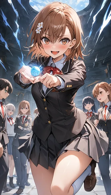 Ultra-high definition image quality、beautiful girl、Misaka Mikoto、high school girl、A Certain Scientific Railgun 、Brown blazer uniform、Short pleated skirt、Schoolyard、Highest quality,Stand with your feet apart、Jump、A sharp face、4K quality、Ultra HD、White knee ...