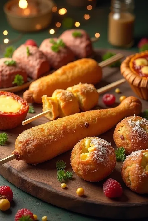 create a drawing of a portion of party snacks, containing: drumstick, kebab, esfirra, bolinho de queijo, croquette and pie.