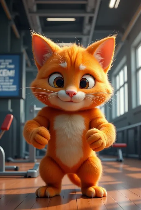 Muscular orange kitten in the gym training, Pixar animation magic 