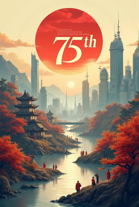 Create a panoramic poster celebrating Chinas 75th anniversary in 2024, with a prominent 75th in ornate Chinese calligraphy overlaying the entire scene. Incorporate a Chinese knot logo as a unifying element. Design the layout to progress from foreground to ...