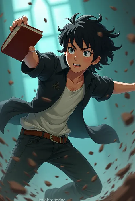 Draw Leo Sanjuan from the animated film series from Anima Studios, with a 2D artistic style, with an approximate age of 17 and who is fighting a ghost with a book in his hand, He has some dirt from the fight and he has an unbuttoned black shirt that he wea...