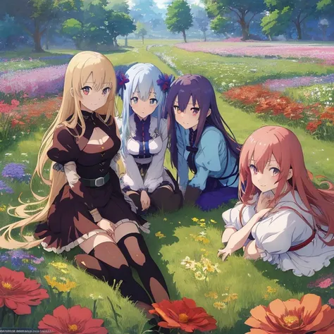 three anime characters laying in a field of flowers, high quality fanart, anime in fantasy style, official fanart, popular isekai anime, 🍁 cute, coriolios rpg art style, isekai, detailed fanart, hq artwork, zerochan art, highly detailed exquisite fanart, o...