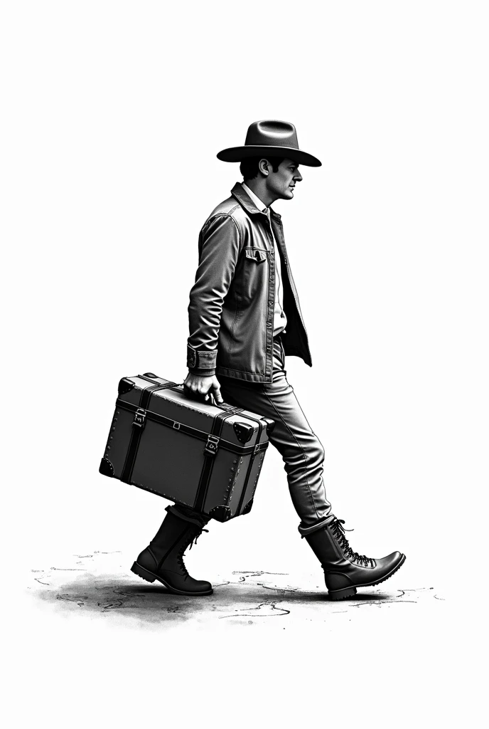 Hand drawing of a sideways man walking with boots, a hat and a suitcase in black and white