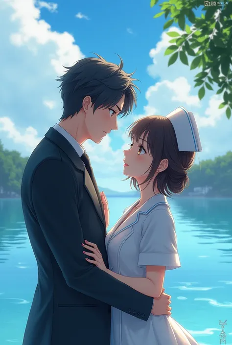 Image of love formal man and anime nurse woman in front of lagoon with island
