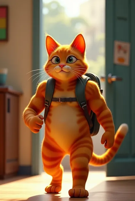 Muscular orange cat walking into school with backpack, more from Pixar animation