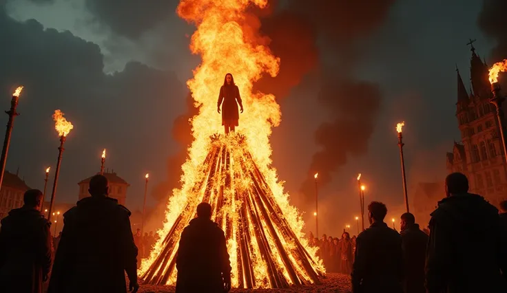 Envision a harrowing scene of Joan of Arc’s execution in the Rouen market square. The image captures Joan bound and engulfed in flames atop a towering pyre. The fire, vivid and consuming, illuminates her anguished yet defiant face against the encroaching d...