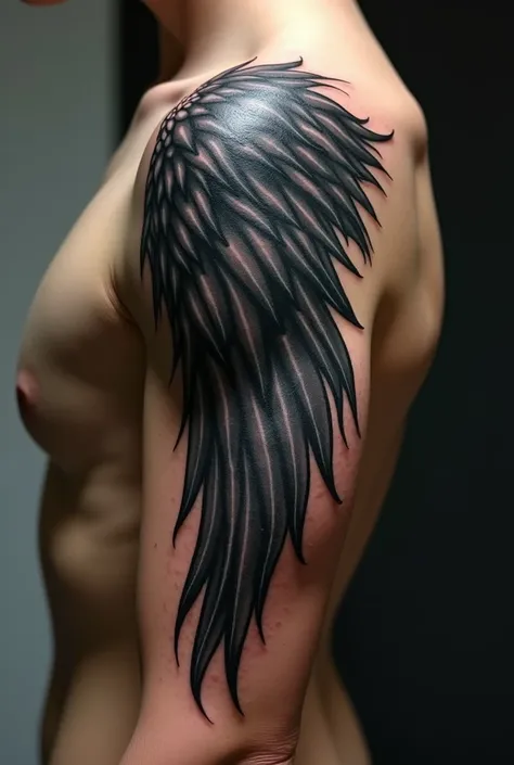 Realistic tattoo covering the right arm on the spine in the shape of a black angel wing 



