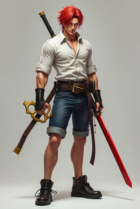 A white man with red hair and pink eyes wearing a white shirt with black shoes and denim shorts with a red katana in his right hand and a golden brass knuckles in his left hand 