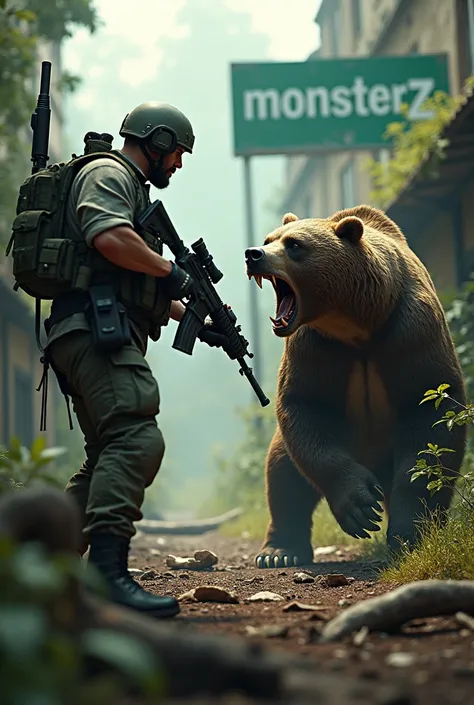 ZOMBIE APOCALYPSE GAME SET IN A JUNGLE WITH ABANDONED BUILDINGS, DEAD ZOMBIES, A SURVIVOR EQUIPPED IN MILITARY GEAR WITH AN ASSAULT RIFLE AIMING AT THE HEAD OF A BEAR THAT IS 30 METERS AWAY AND SHOWING ITS TEETH THAT ARE BOTH LOOKING AT EACH OTHER AND A LA...