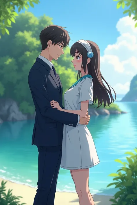 Image of love formal man and anime physiotherapist woman in front of lagoon with island
