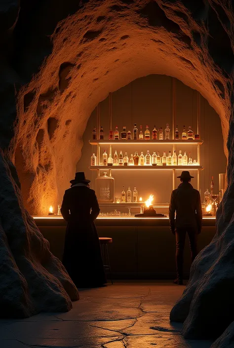 a dramatic bar in a cave,undergroung,rough stone wall and ceiling, intimate and dramatic atmosphere,conceptual art, beautiful candle light twinkle, 8K landscape render, 8K HDR octane render,
