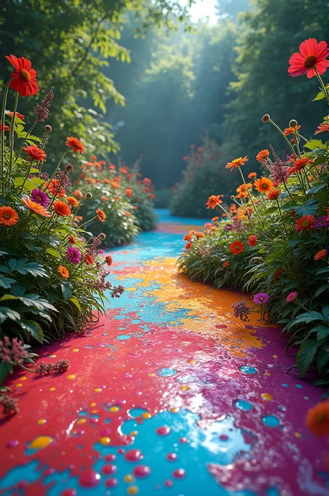 Create a photo of a garden full of spilled paints