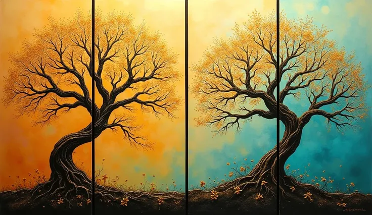 Design a four-piece artwork featuring a stylized tree. The trees branches and golden leaves extend across the panels, with the background changing from a soft, warm gold in three panels to a refreshing turquoise in the final one. The painting should reflec...