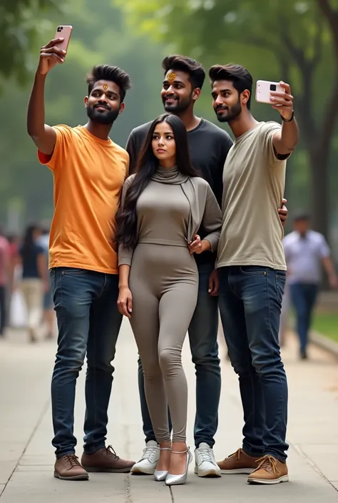 Three very tall dark black brown indian hindu mens with saffron tilak on there forehead in normal shirt pant tshirt taking selfie by there own mobile phones trough there own hand closely with short teen ager kylie jenner curvy slim thick flaunts curves in ...