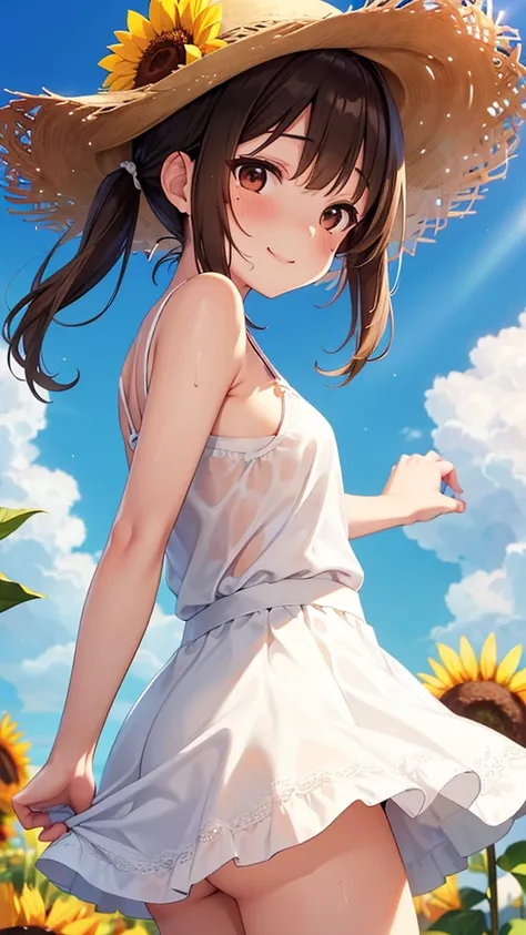 Sunflower field,Strong sunlight,girl,Straw hat,Middle school students,Brown Hair,Short pigtails,Petite,Small breasts,(Mole under eye:1.2),Brown eyes,White sundress, ,smile,blush,(Low angle 1.3),(Under the skirt:1.3),Leaning forward,White lace panties,(Swea...