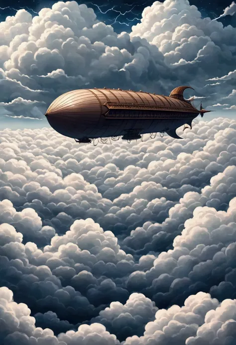 An airship moving through a sea of clouds ，depression，Lightning，There is a sea of clouds。，cloudy，Textured clouds