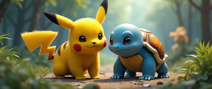 Pikachu, Squirtle, Mimikyu, detailed Pokémon characters, hyperrealistic, 8k, ultra-detailed, photorealistic, high quality, vibrant colors, dynamic lighting, cinematic scene, award winning illustration, dramatic composition, intricate details, exquisite ren...