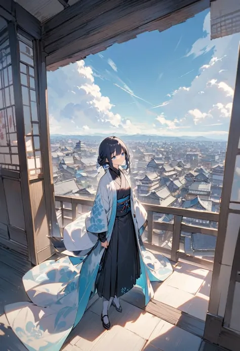 A smiling samurai wearing a long haori coat。His outfit is mainly light blue.、Her gentle smile is impressive。The blue sky spreads out in the background、A view of Kyoto cityscape。There is an elegant and calm atmosphere。