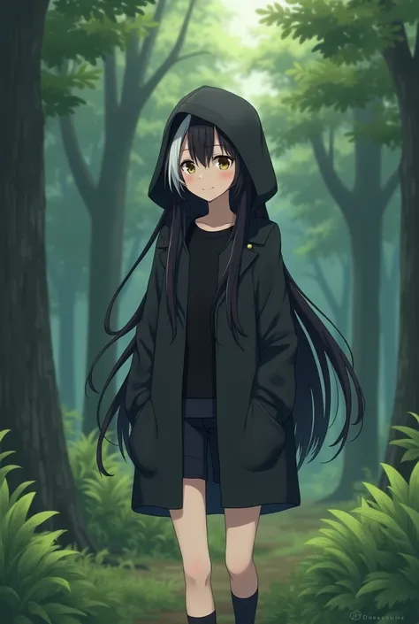 Believe me an anime girl with long black hair,with a black coat that has a hood that covers the character&#39;s head and has a black shirt,that has bangs that the left side is painted white and that has black shorts and black socks that has a forest backgr...