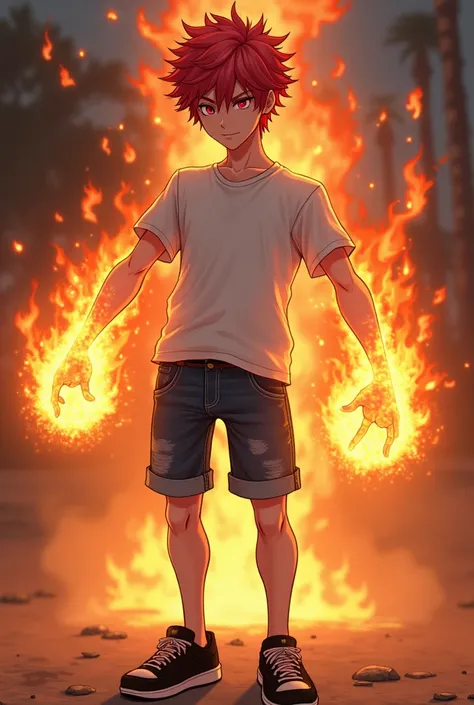 A white man with red hair and pink eyes wearing a white t-shirt with black shoes and jean shorts with a fire fist in his right hand and a fire fist in his left hand 