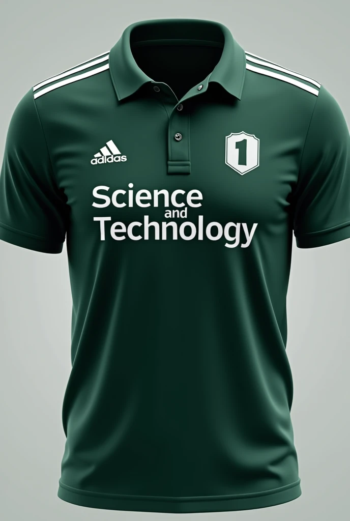 I NEED YOU TO GENERATE A DARK GREEN SPORTS POLO WITH A SHIRT COLLAR THAT IS JUST THE POLO, MIRA Y QUE TENGA EL SIMBO DE ADIDAS EN EL LADO DERECHO DE ESTE Y QUE DIGA science and technology EN EL CENTRO DEL POLO

NO TE OLVIDES QUE DEBE DECIR CIENCIA Y TECNOL...