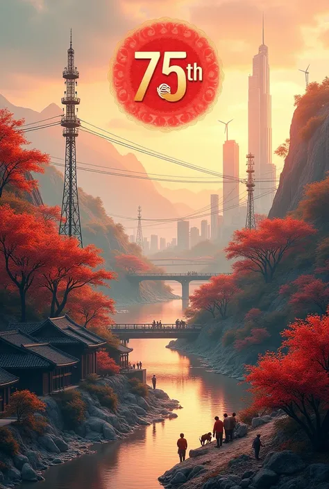 Design a dual-scene poster for Chinas 75th anniversary in 2024, featuring a prominent 75th in ornate Chinese calligraphy overlaying the entire image. Incorporate a Chinese knot logo as a unifying element. Divide the poster into two main sections:
Foregroun...