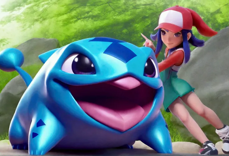 A cute young female Pokemon trainer, late 20s, wearing a colorful and stylish outfit with a cap, holding a Pokeball in her hand, pointing excitedly at an enormous Bulbasaur Pokemon casually crawling on a large boulder, in a daytime outdoor scene with lush ...