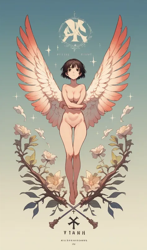 cross,girl,Show your whole body，With arms wide open，Anime Style，Completely naked，Concept Art，Pin-up posters,Woman in the sky,Toes,Detailed face,short hair,8k,sacred