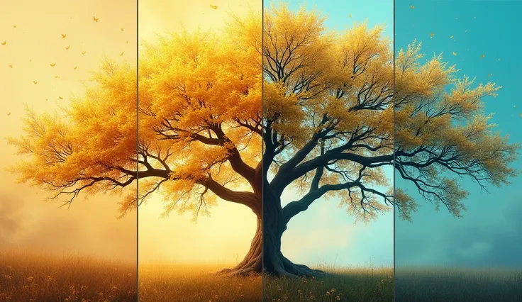 "A beautiful multi-panel artwork of a tree, each panel showing a section of the same tree with gold leaves. The trees branches spread across four panels, where three have a warm golden background, and one contrasts with a vibrant turquoise blue sky. Create...