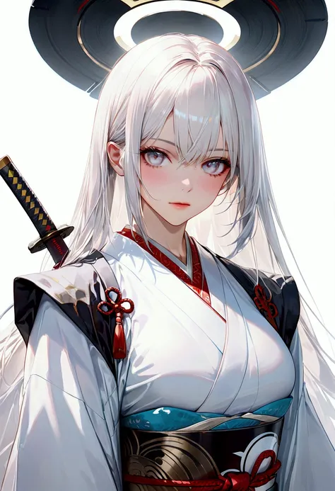 Long smooth straight white hair, white eyes,japanese samurai, masterpiece, super detail, best quality, 8k,realistic