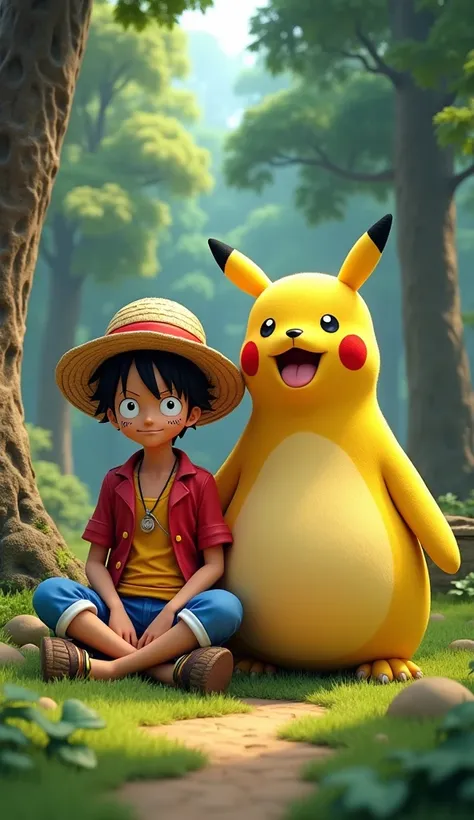 Please create an image of Luffy dressed as Pikachu and Usopp dressed as Snorlax sitting together.
More realistic illustrations
3D
The background is a more realistic tree
