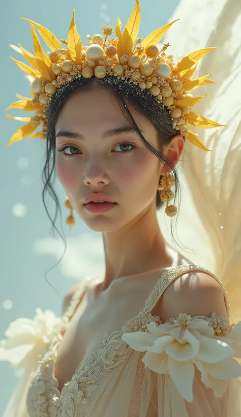 Soft and dreamy 8mm lens portrait of an Arabian dev brama from a universe adorned with a natural crown of gold and leaves and pasta, ethereal dress. Soft snow sky. Using 8K High Definition. Greg Rutkowski Art Styles , Android Jones , Tamsyn. Complex dynami...