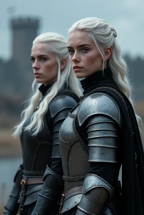 Visenya Targaryen in armor next to her white-haired twin brother 