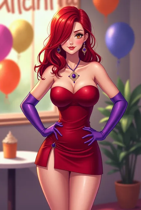 work of art, best qualityer, 1 girl, jessicarab, Red hair, long hair, hair over one eye, eyes browns, bared shoulders, neckleace, short red dress , strapless, purple elbow gloves, high-heels, lipstick, make up, Sideslit, Brown socks, GARTER BELT, hands on ...